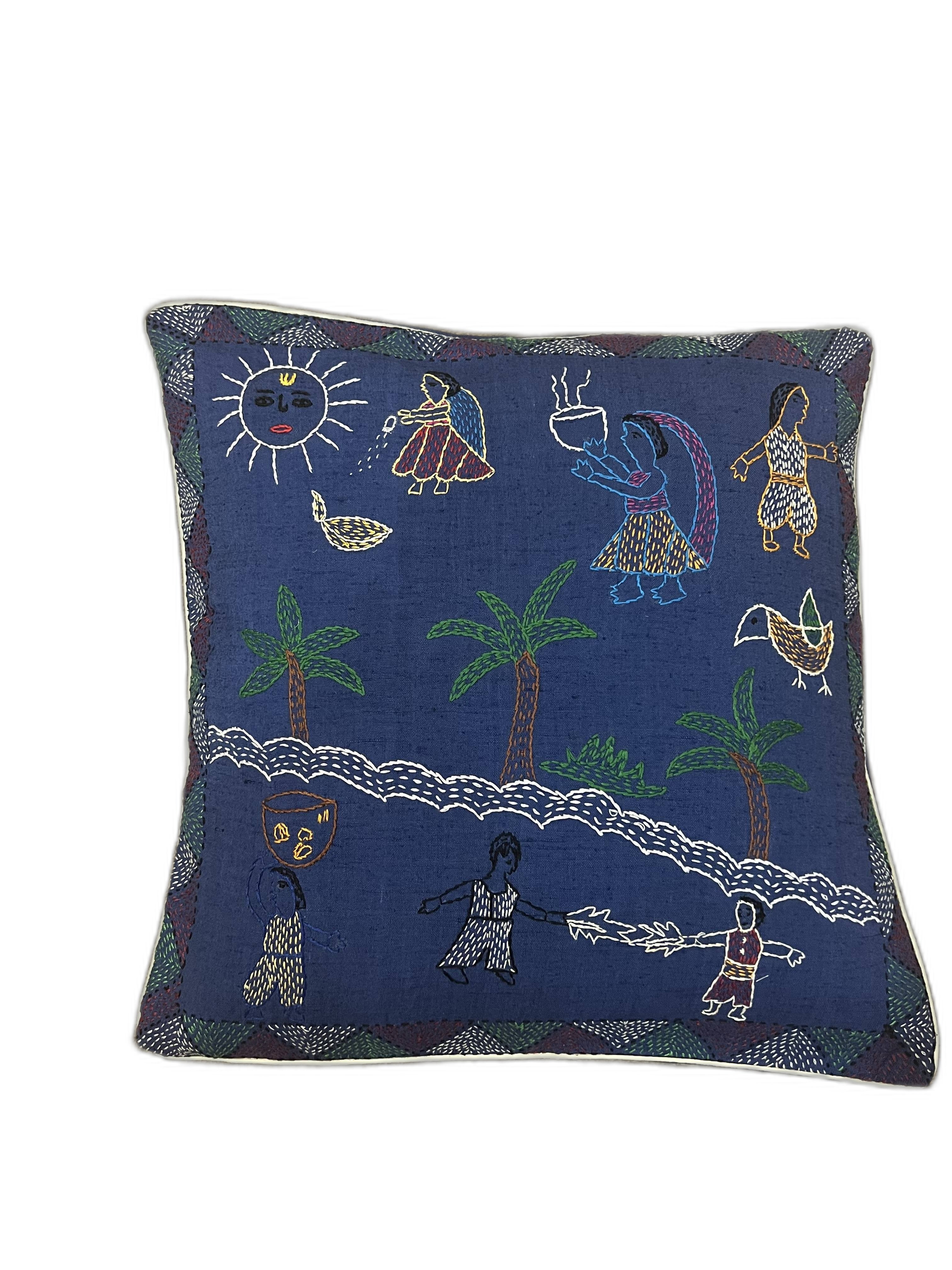 HAND-CRAFTED SUJNI NAVY BLUE CUSHION COVER